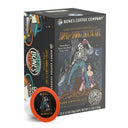 The front of the Bones Coffee Company Army of Dark Chocolate 12 Count Bones Cups box. Its flavor is dark chocolate, and it has a skeleton wielding a chainsaw standing on dark chocolate with a woman clinging to its leg on the art.