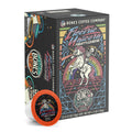 The front of the Bones Coffee Company Electric Unicorn 12 Count Bones Cups box. Its flavor is fruity cereal, and it has a skeleton riding a unicorn in front of a rainbow on the art.