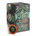 The front of the Bones Coffee Company Irish Cream 12 Count Bones Cups box. Its flavor is irish cream, and it has a skeleton dressed up as a leprechaun holding a pot of coffee beans and a tankard on the art.