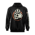The front of the Skull Cup hoodie. The hoodie is colored black and it has the bones coffee company logo on the sleeve, and then there's a white skull shaped like a cup with an orange circle around it in the center.